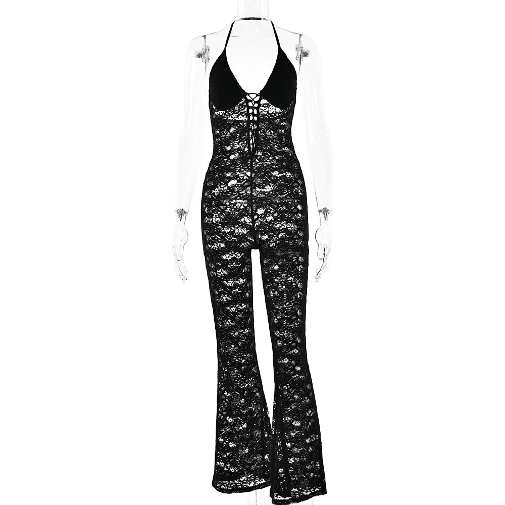 2025 New spring new sexy fashion hollow lace perspective backless neck slim jumpsuit women's summer