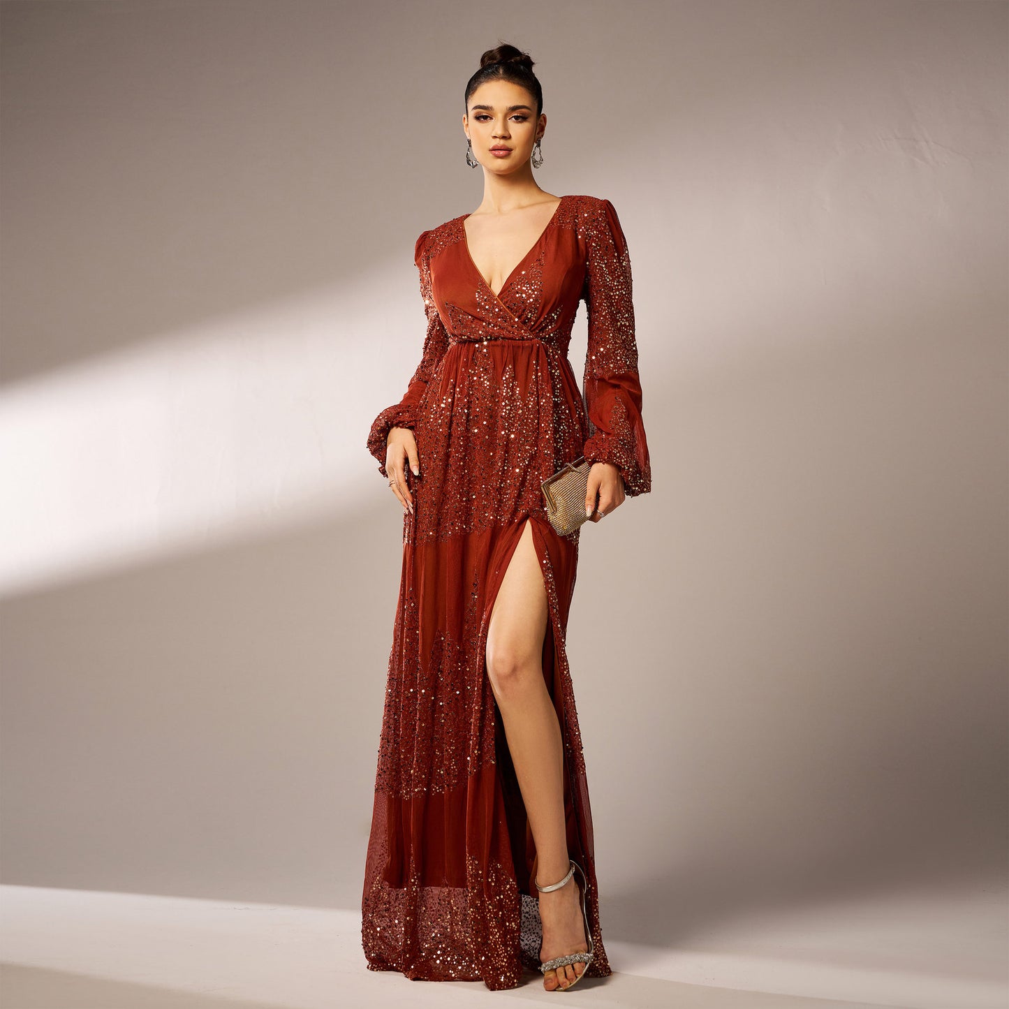 2025 high-end long-sleeved temperament V-neck sexy long sequined banquet evening dress bridesmaid dress women