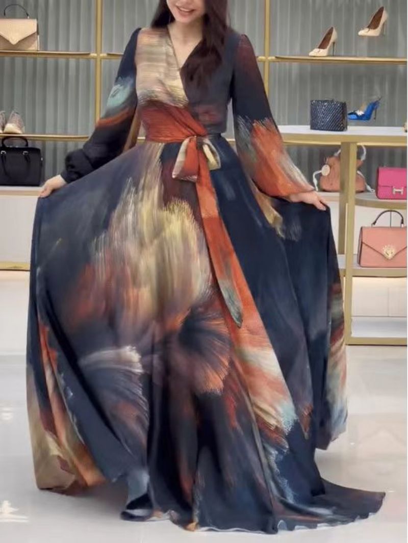 2025 spring and summer New Popular trade Middle East women's clothing independent station ebay sexy printing pendulum V-neck long-sleeved dress