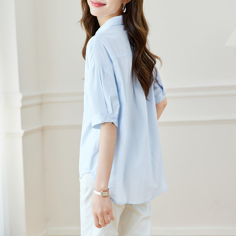 Cotton cocoon, cotton lapel collar double pocket short-sleeved shirt summer new casual versatile shirt