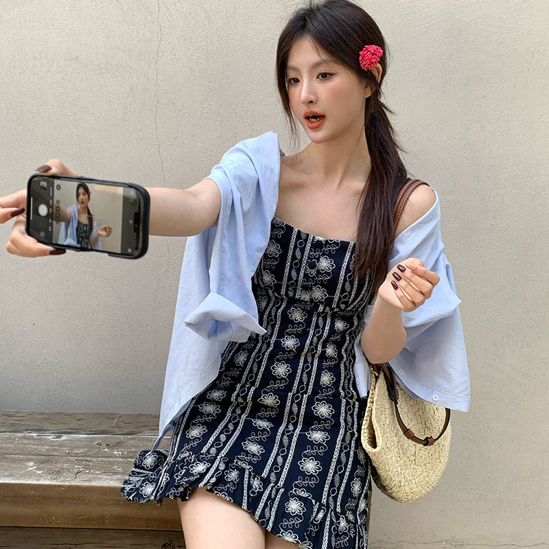 2025 spring new retro high-waisted vacation style suspender dress embroidered pure desire skirt women 88186