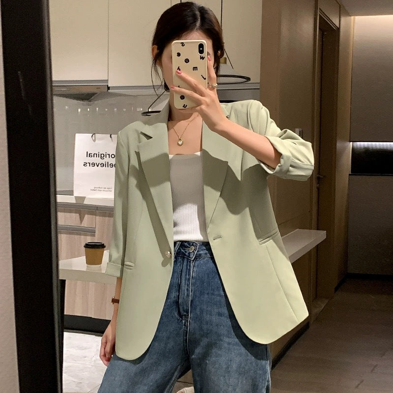 Beige blazer women's small short 2025 spring and summer new Korean version of high-end seven-quarter sleeve thin suit