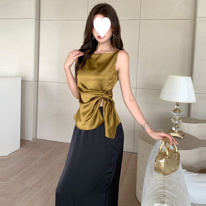 2025 summer temperament heavy industry jacquard woven three-dimensional strips satin texture kinked satin sleeveless vest top
