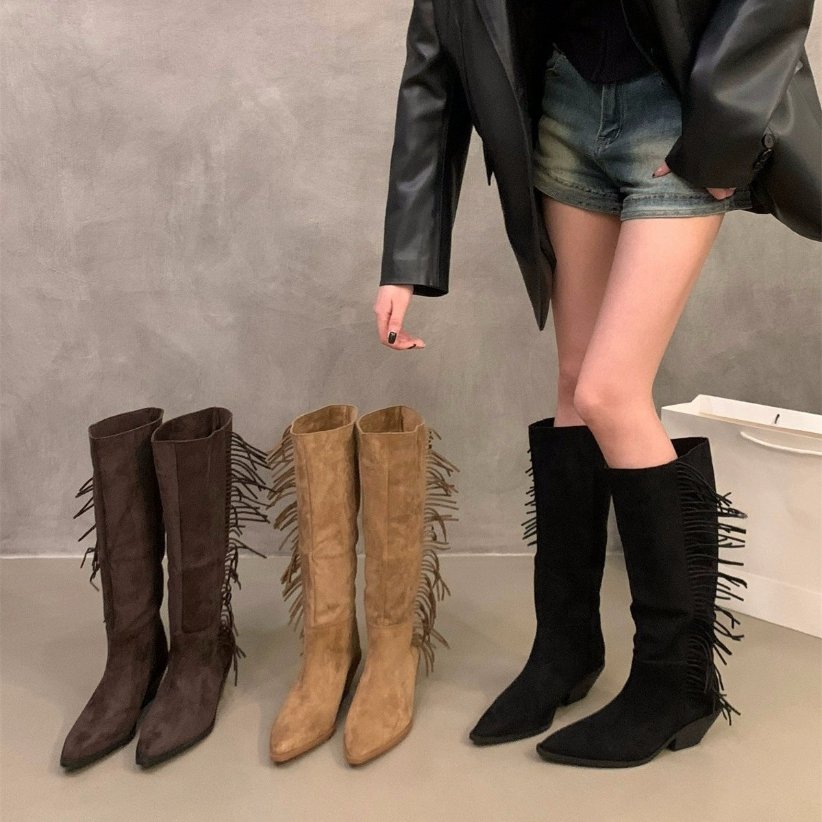 2025 Niche pointed high-heeled thin boots women's shoes popular spring and autumn winter retro suede fringed long tube knight boots
