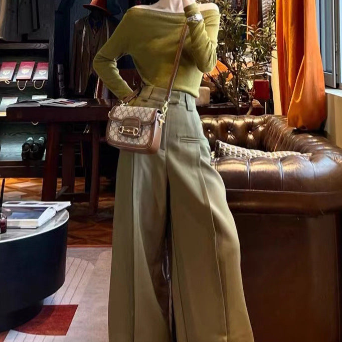 2025 Spot wide-leg pants autumn new women's clothing one-word shoulder long-sleeved knitted top wear two-piece suit