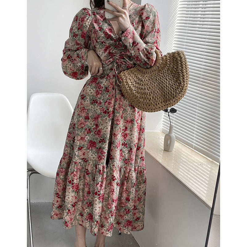 2025 2025 spring Korean port style retro strap dress temperament V-neck medium and long floral chiffon skirt women 8001