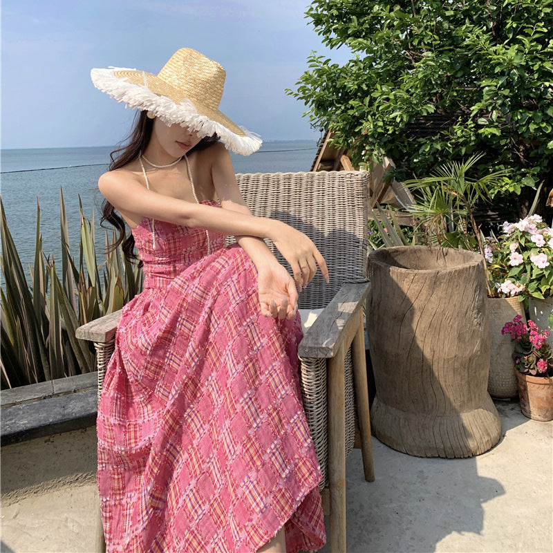 2025 temperament rose pink plaid sleeveless sling tube top dress retro waist vacation style long skirt women's summer