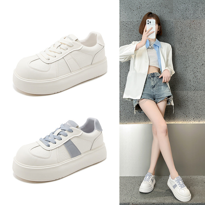 2025 Leather little white shoes women's spring fashion versatile thick-soled heightening soft bread shoes lace-up casual sports shoes tide