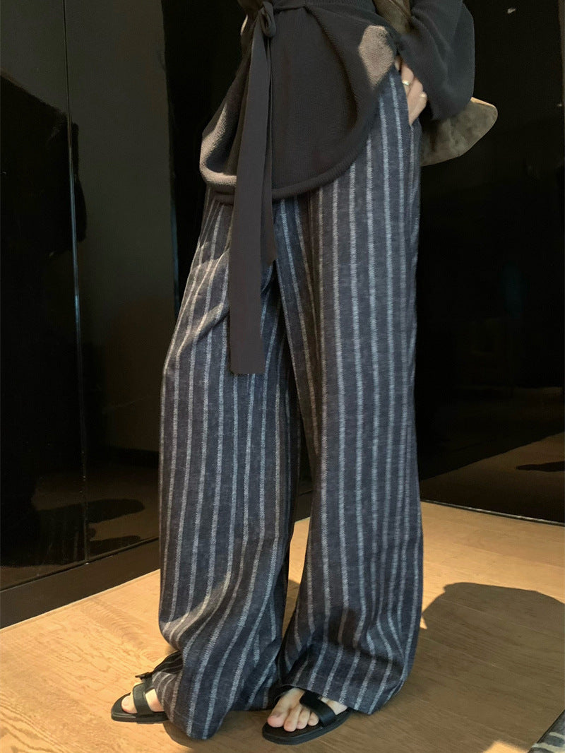2025 Spot gray lazy style long-sleeved knitted top loose and thin striped wide-leg pants casual pants set