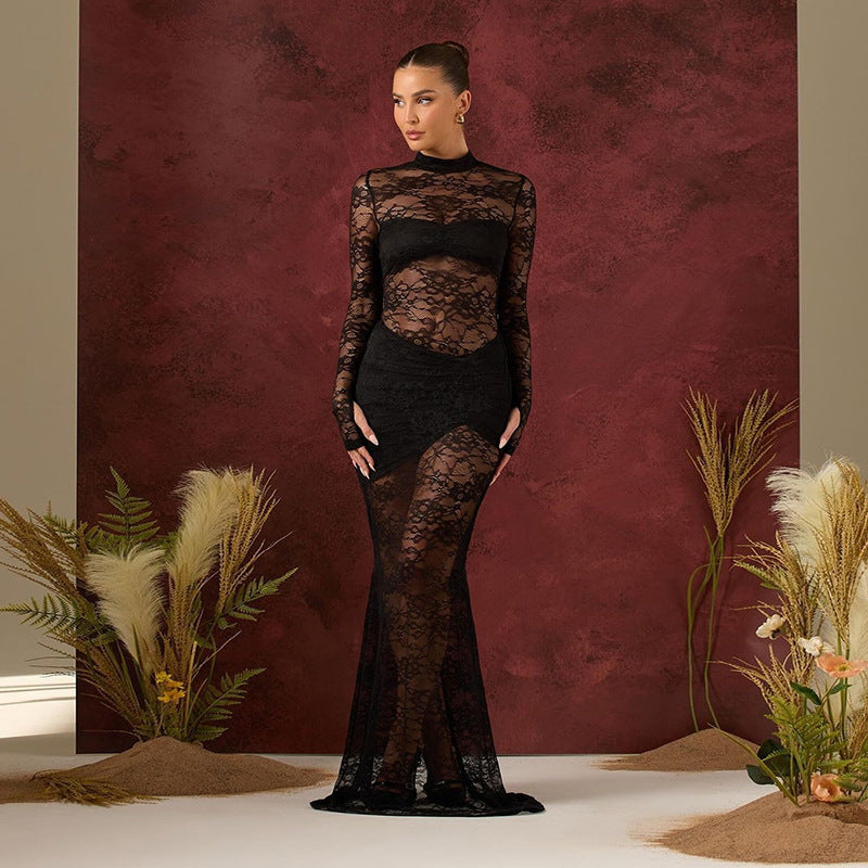 BENPAOLV 2025 popular Winter New Women's Clothing Sexy Spice Girls Semi-turtleneck Long Sleeve Jacquard Lace Perspective Dress