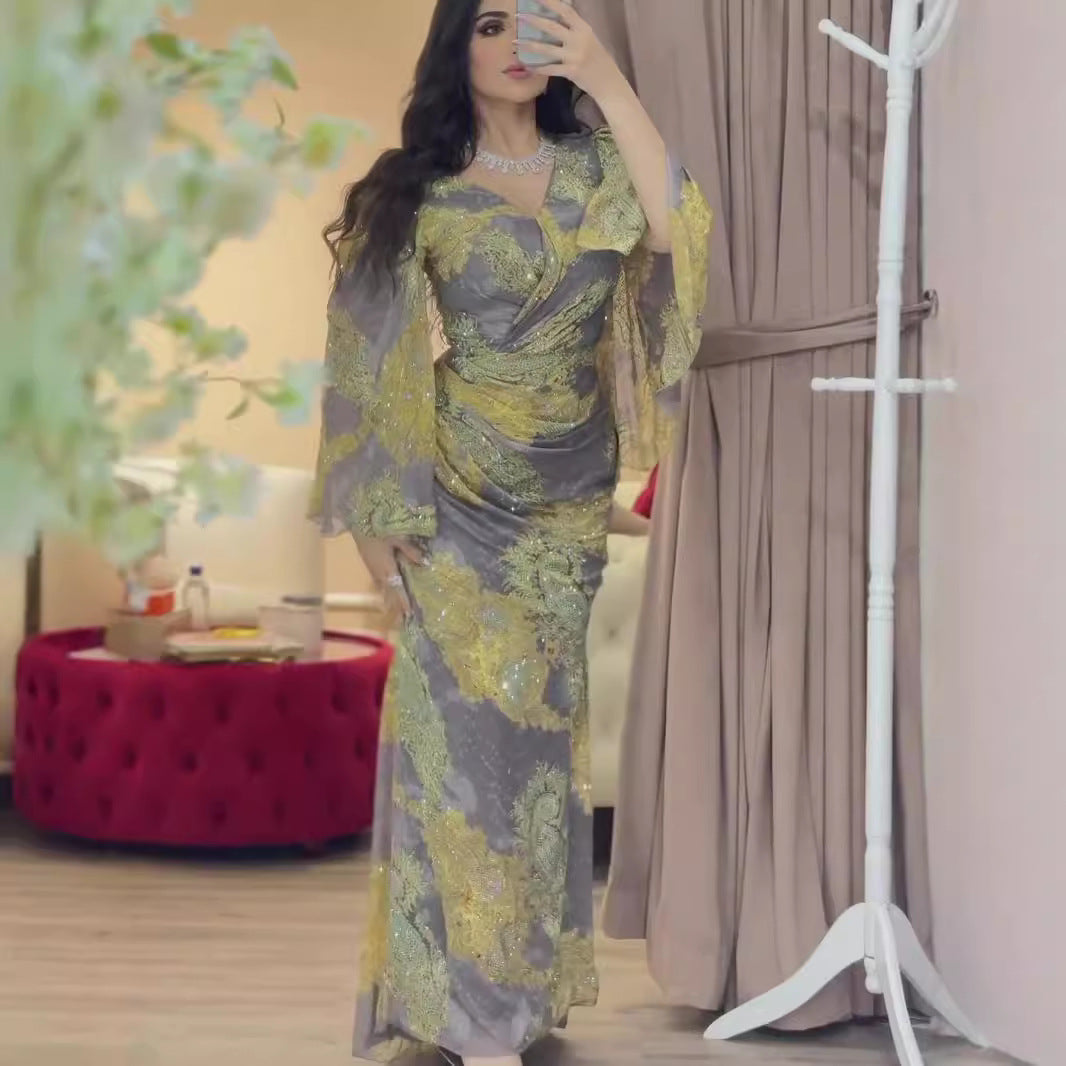 2025 popular spring and summer New women's clothing Popular trade independent station ebay sexy chiffon printing pendulum ball evening dress