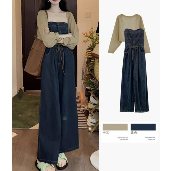 South Korea Dongdaemun anti-wrinkle Korean version of retro dark blue new tube top casual straight drawstring waist one-piece jeans