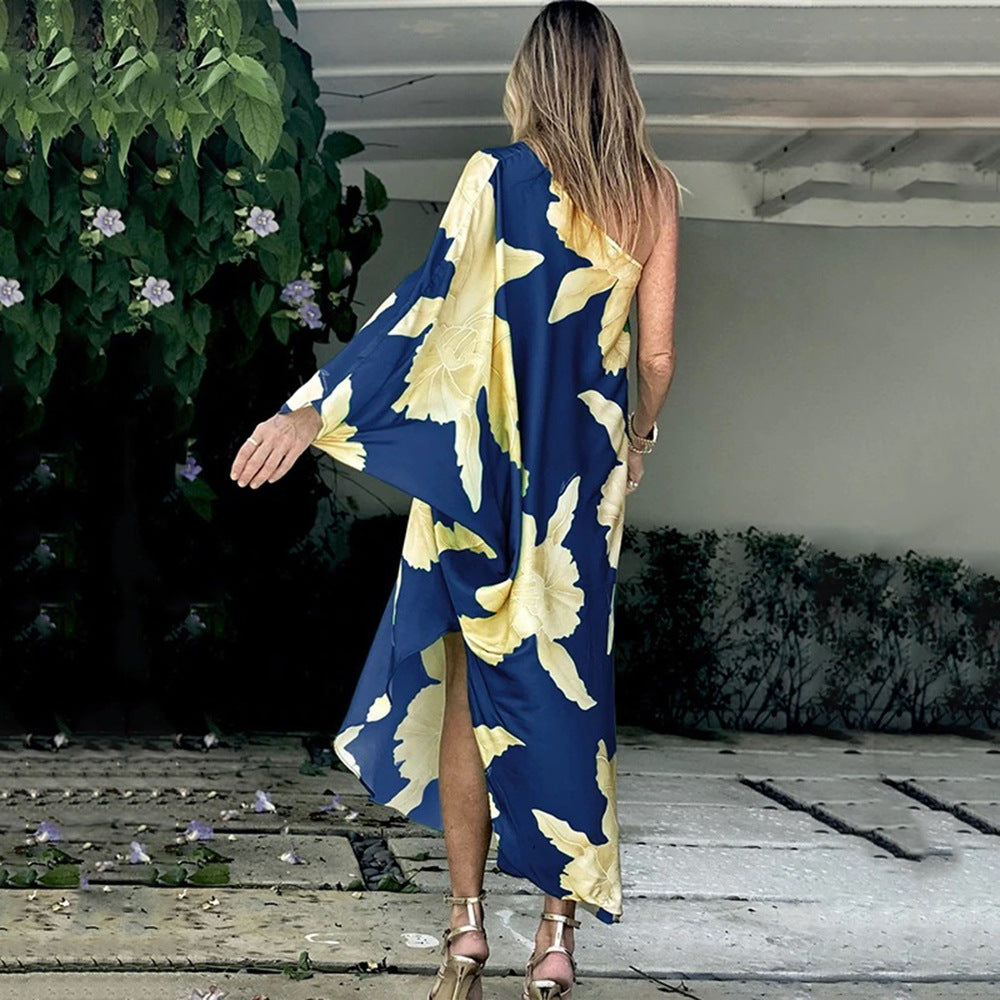 new Popular trade women's dress single shoulder irregular flower split printing long dress
