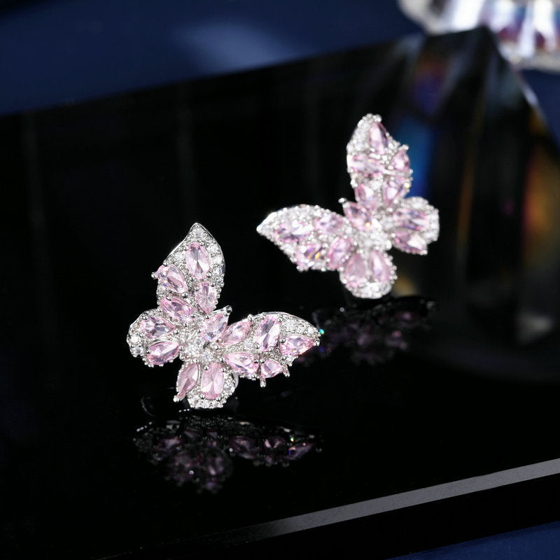 2025 New niche temperament high-end earrings wholesale fashion full diamond color zircon inlaid retro style butterfly stud earrings