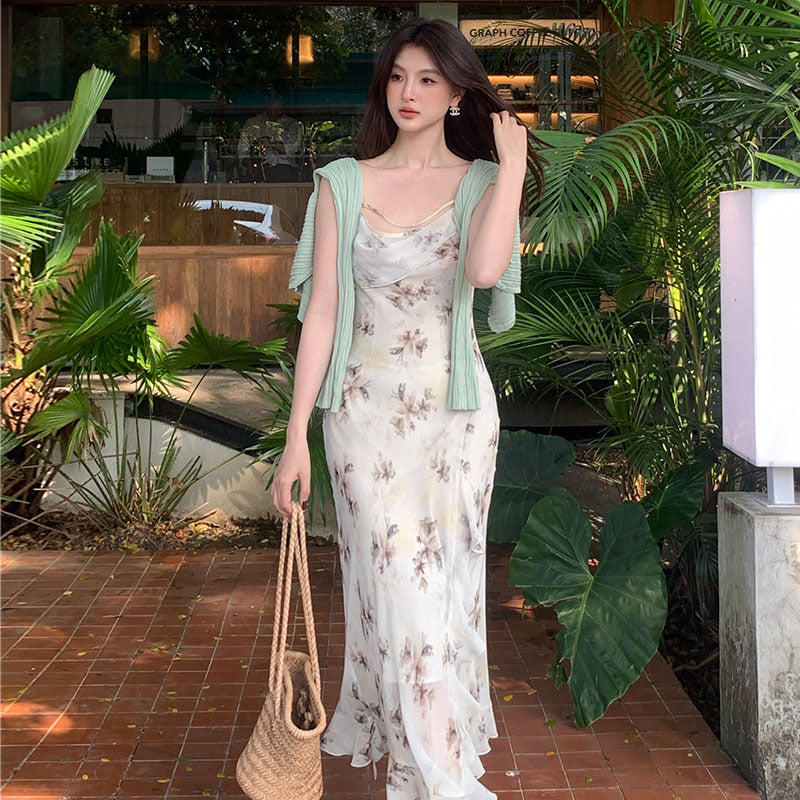 2025 Thirteen Lines Spring New Temperament Printing Pure Desire High Waist Suspender Dress Women 88207