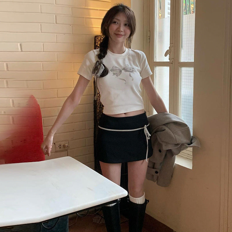 ANTMVSpopular pure desire girl low waist contrasting color splicing slim-fitting hip skirt women's basic bow strap slim skirt