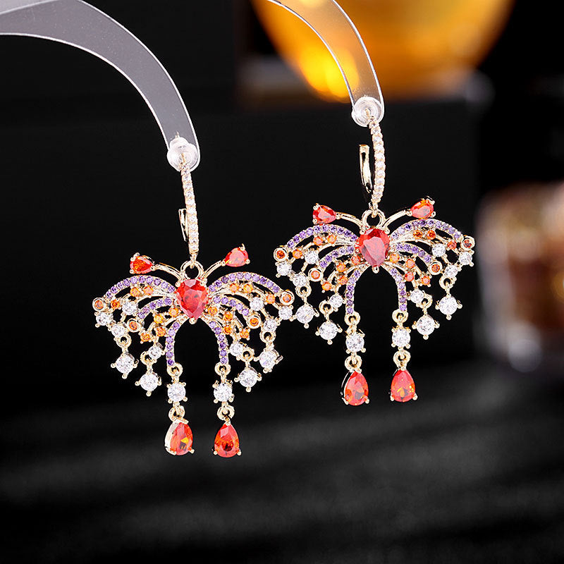 2025 Temperament elegant s925 silver needle exaggerated atmosphere butterfly water drop fringed earrings female zircon inlaid light luxury ear jewelry