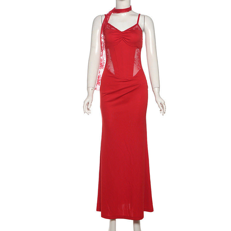 2025 style 2025 spring new women's clothing lace hollow sexy pure desire neck sling long dress dress