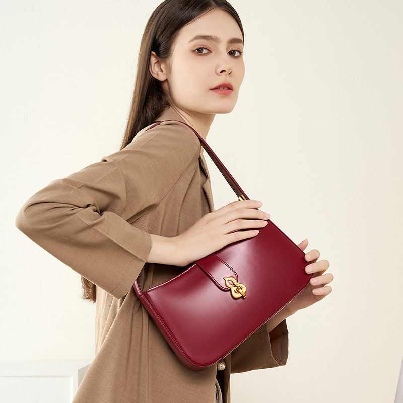 2025 New leather women's bag niche bridal bag young red high-end textured underarm bag women's daily shoulder bag