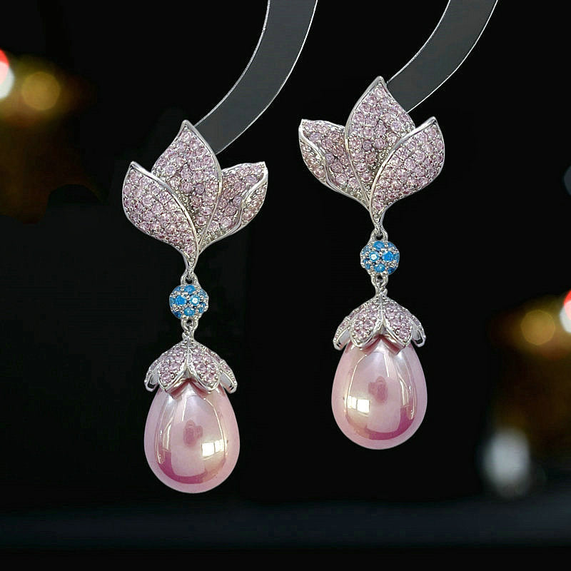 2025 S925 silver needle retro elegant temperament new earrings wholesale zircon inlaid flower water drop pearl earrings
