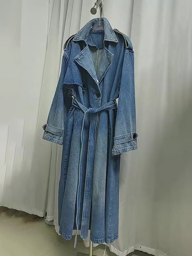 2025 Popularan wash blue denim long trench coat women's autumn temperament advanced sense retro casual double-breasted denim coat