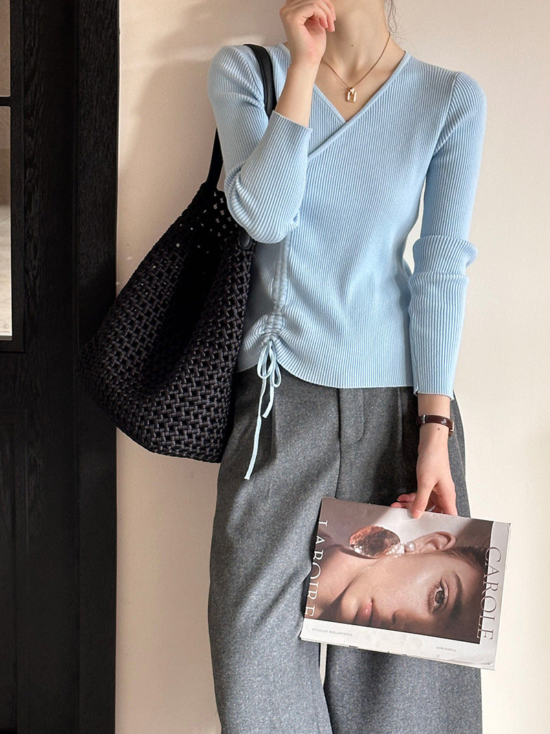 2025 popular autumn and winter new Korean version V-neck drawstring irregular hem slim-fitting long-sleeved knitted sweater 913