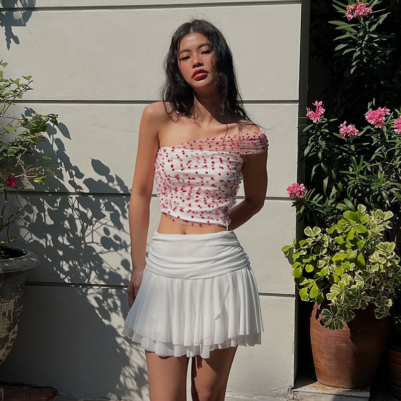 2025 style 2025 spring new women's clothing off-the-shoulder red polka dot top, high waist and thin pleated skirt