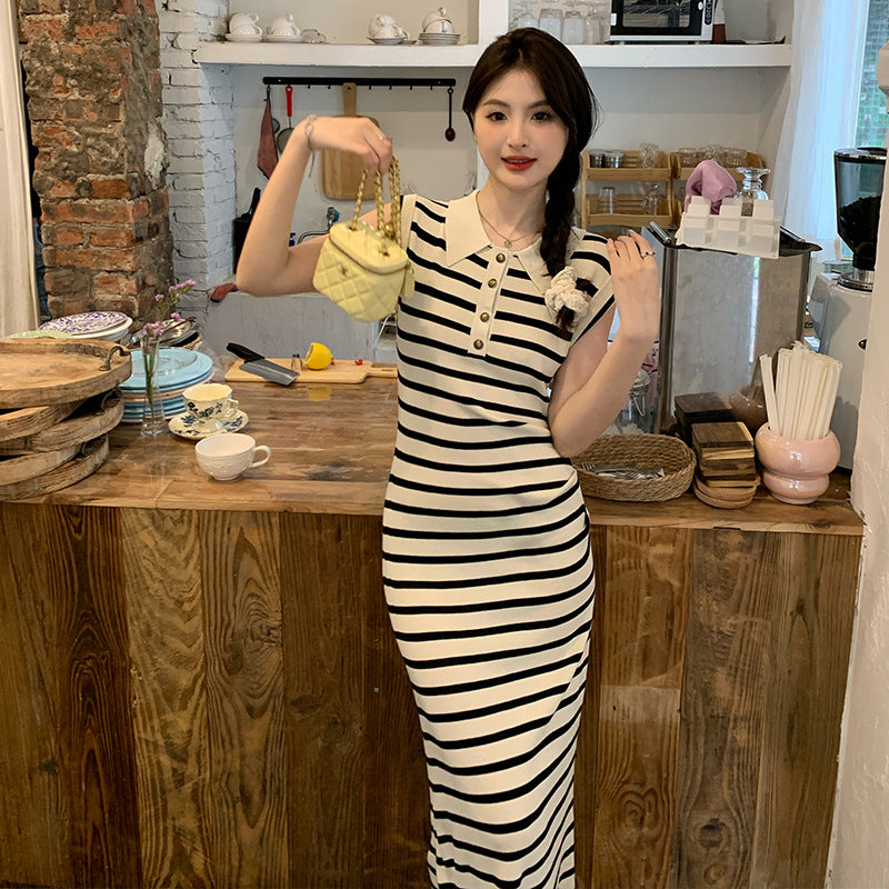 2025 high-end temperament collar striped knitted dress women's summer new temperament thin dress
