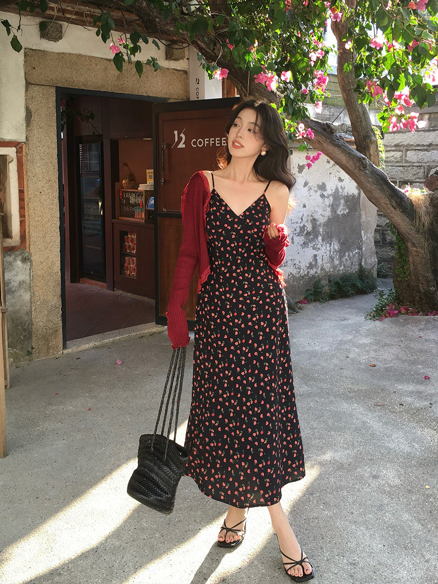2025 Spring New Vintage High Waist Suspender Dress Sub-print Pure Desire Vacation Dress Women 88201