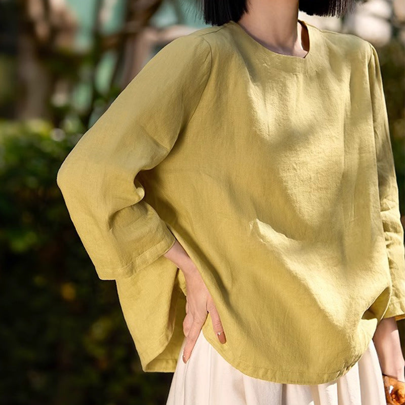 2025 Breathable 100% linen shirt, top Casual crew neck T-shirt shirt long sleeve shirt spring and autumn new women's clothing
