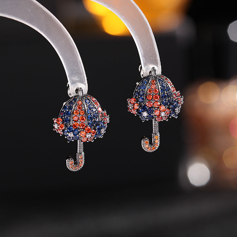 2025 S925 silver needle high-end earrings color zircon inlay fashion personality creative niche design small umbrella stud earrings