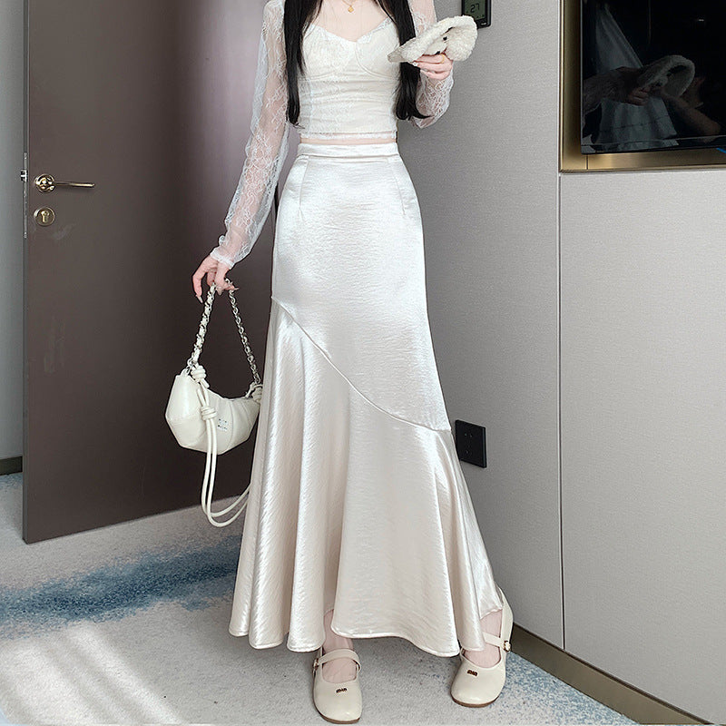 Satin skirt large size fat MM2025 spring and summer new fashion splicing fishtail skirt high waist long skirt Popular trade