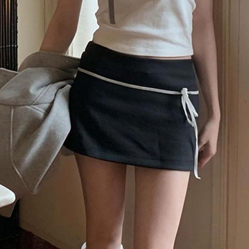 ANTMVSpopular pure desire girl low waist contrasting color splicing slim-fitting hip skirt women's basic bow strap slim skirt