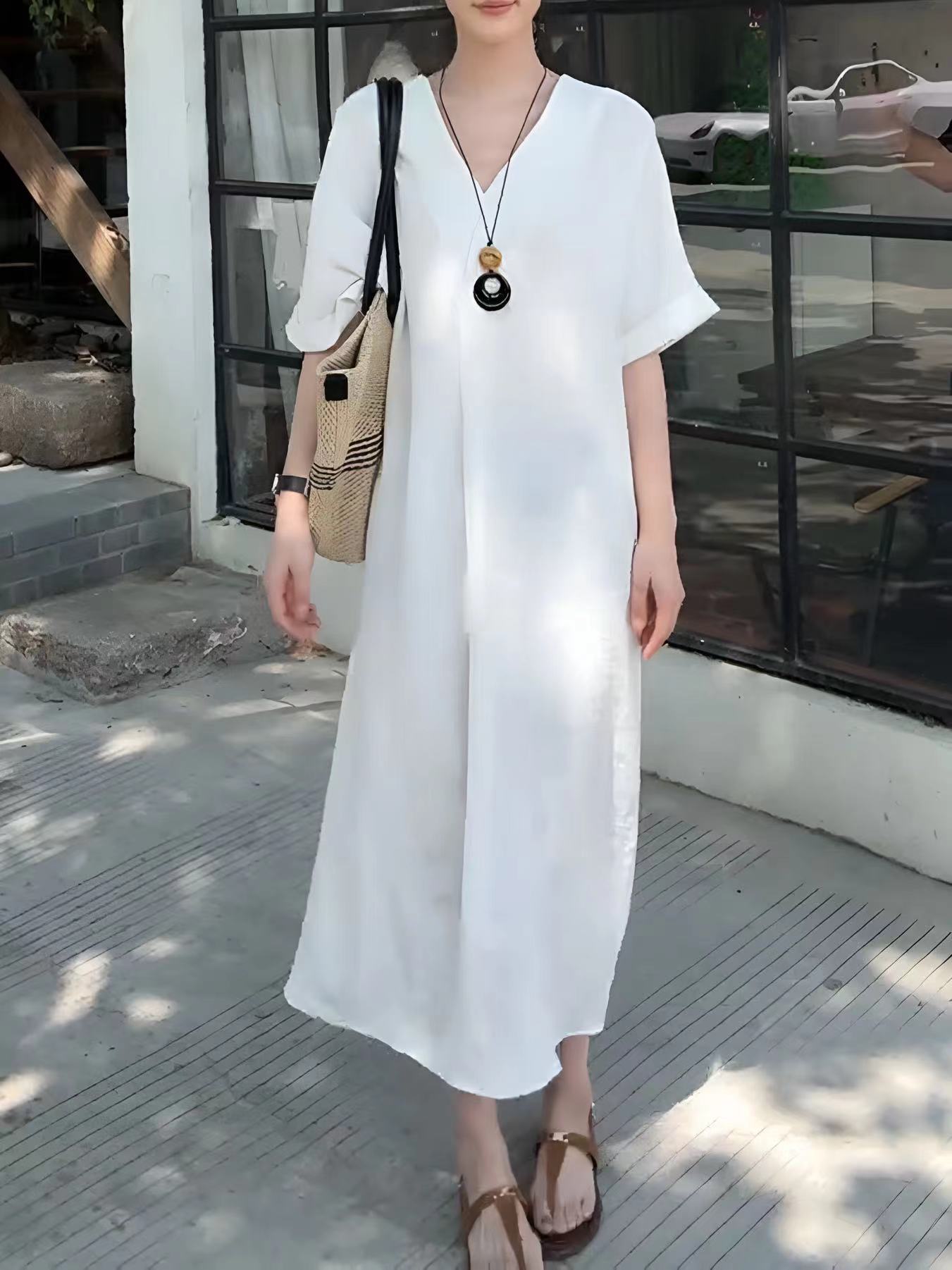 Linen midsummer dress long dress v-neck temperament dress children's spring simple style new Chinese style wear