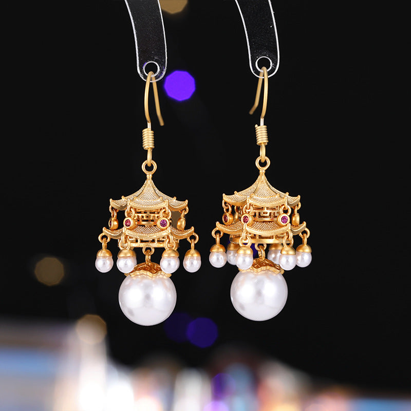 2025 New high-end agate pearl fringed antique earrings New Chinese high-end pavilion palace lamp court style earrings