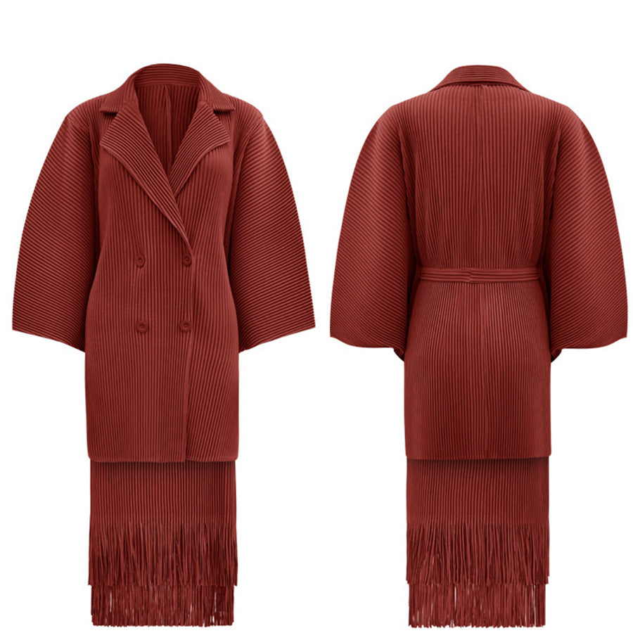 2025 New Popular trade suit women's high-end autumn and winter two-piece set, pleated coat, fringed skirt, a complete set