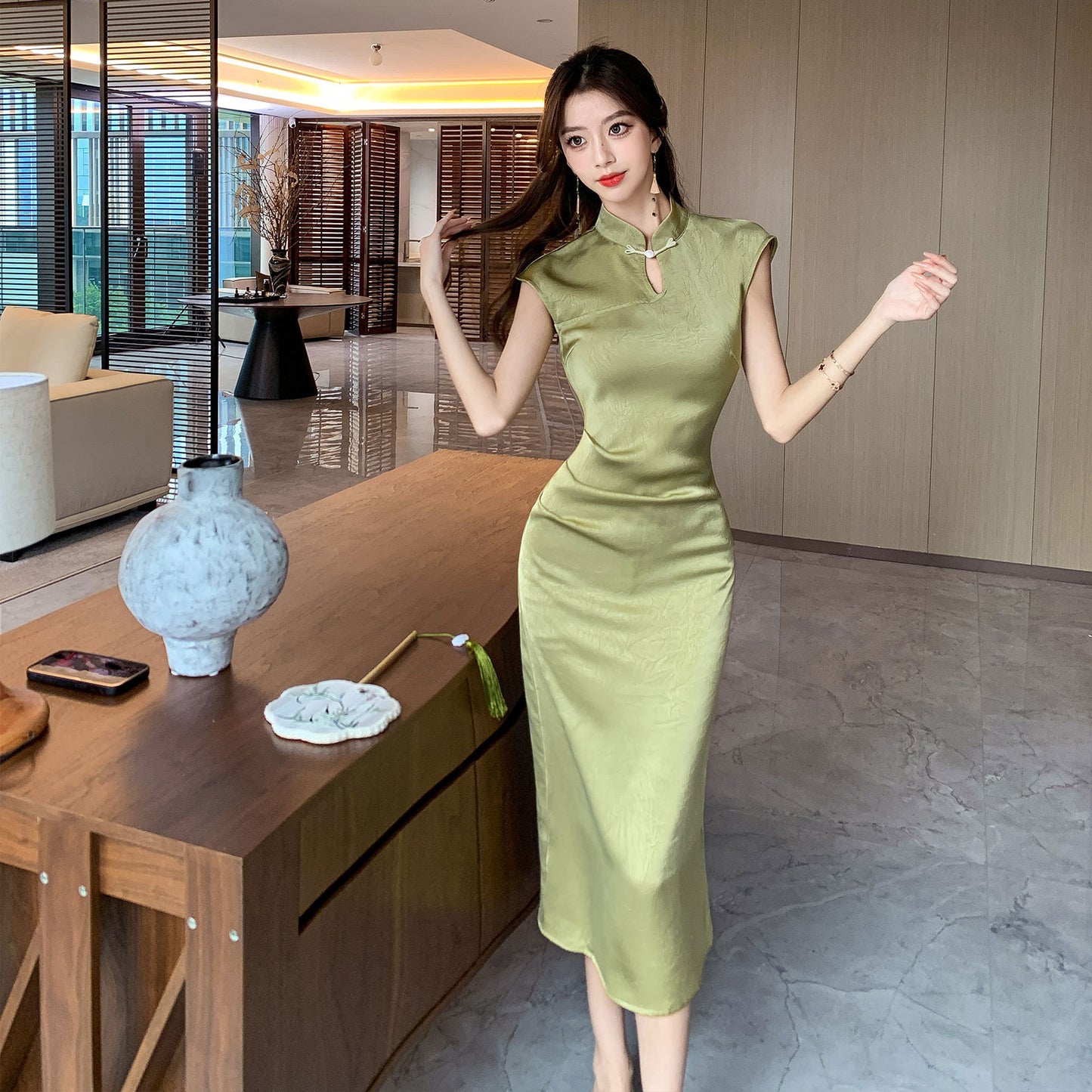 Cobalt green acetic acid satin women's clothing 2025 spring and summer new thin national style cheongsam waist hollow dress long dress banquet