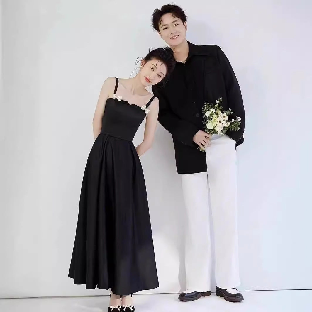 2025 Photo studio photo theme clothing black short skirt Hepburn style clothing simple bow suspender new dress