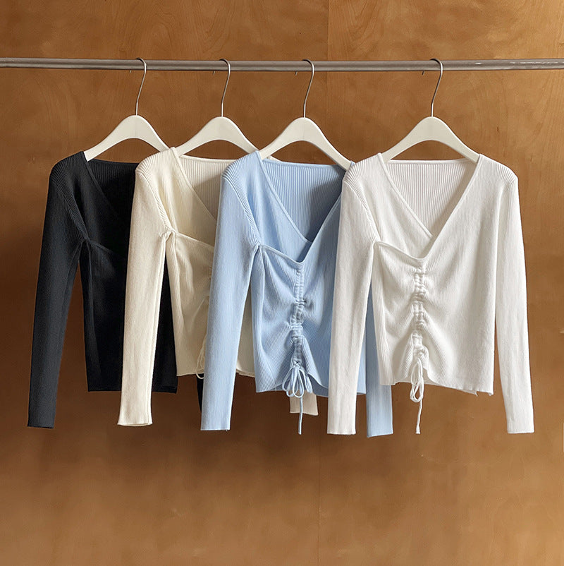 2025 popular autumn and winter new Korean version V-neck drawstring irregular hem slim-fitting long-sleeved knitted sweater 913