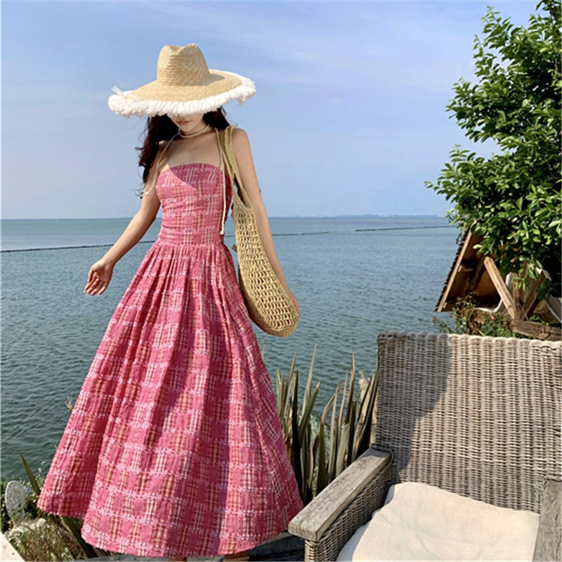 2025 temperament rose pink plaid sleeveless sling tube top dress retro waist vacation style long skirt women's summer
