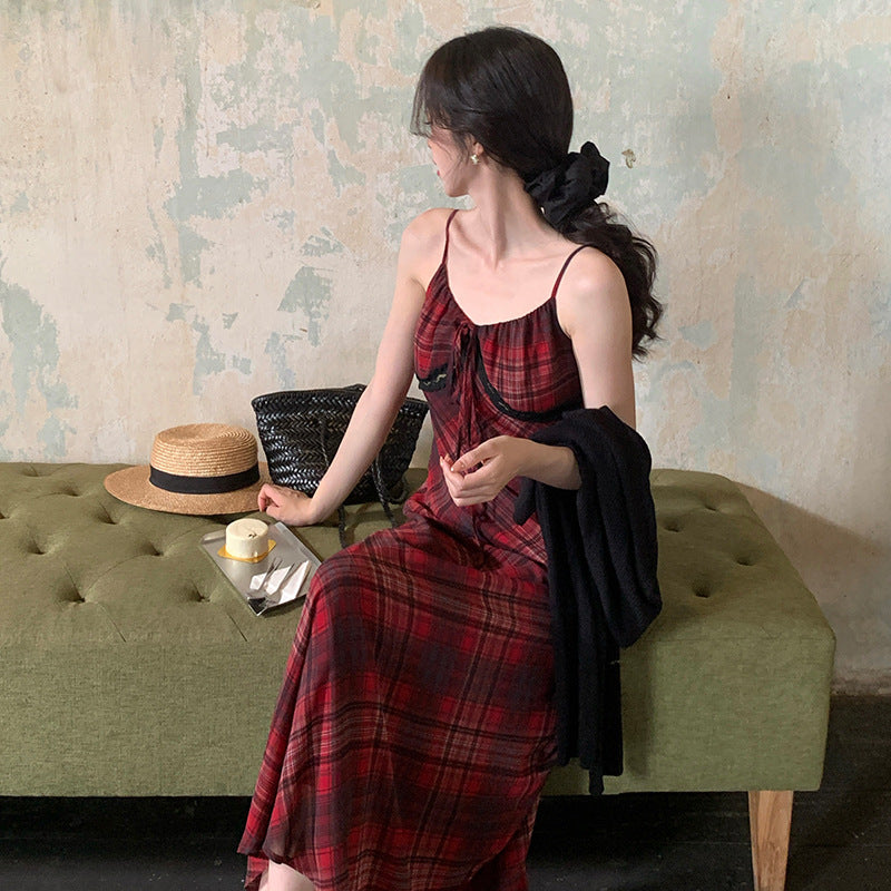 2025 spring new Korean version high waist suspender dress plaid pure desire vacation skirt women 88188