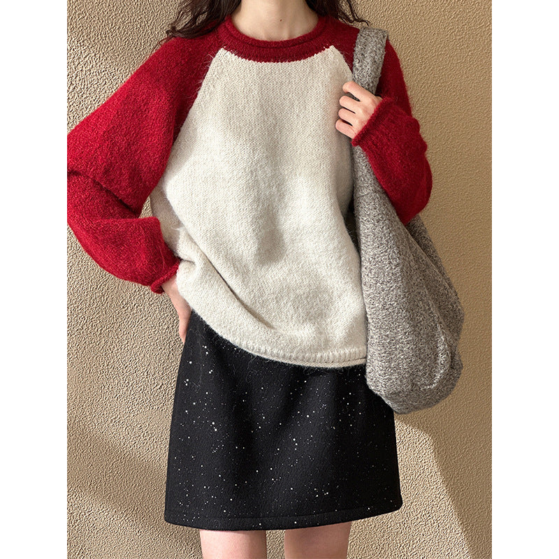 2025 popular autumn and winter new Korean design sense lazy wind round neck shoulder sleeve color matching knitted sweater 2465