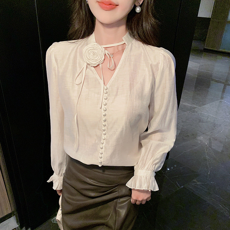 2025 Single-breasted shirt women's spring clothes new Korean version temperament flower decoration long-sleeved bottoming shirt top design sense