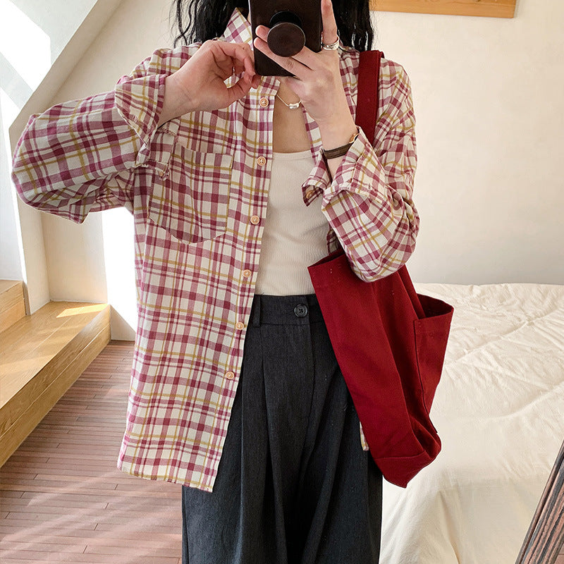 direct sales Scottish plaid shirt women's long-sleeved spring clothing Hong Kong style literary and retro temperament top pure cotton shirt