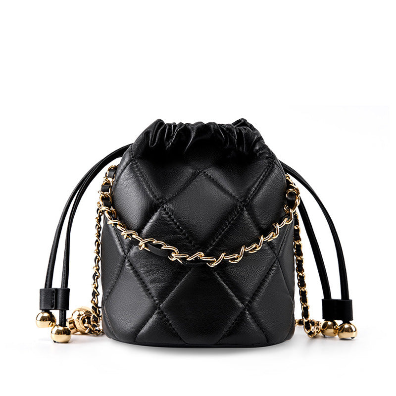 2025 Calf leather first layer portable chain leather small bag popular new high-end bucket bag versatile shoulder messenger bag