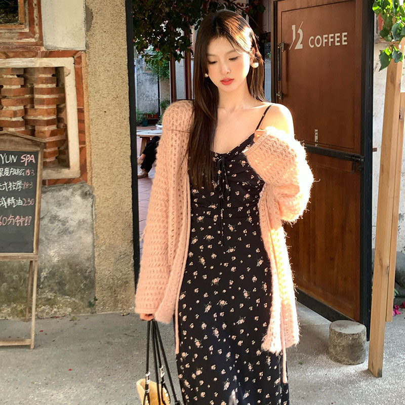 2025 Spring New Vintage High Waist Suspender Dress Sub-print Pure Desire Vacation Dress Women 88173