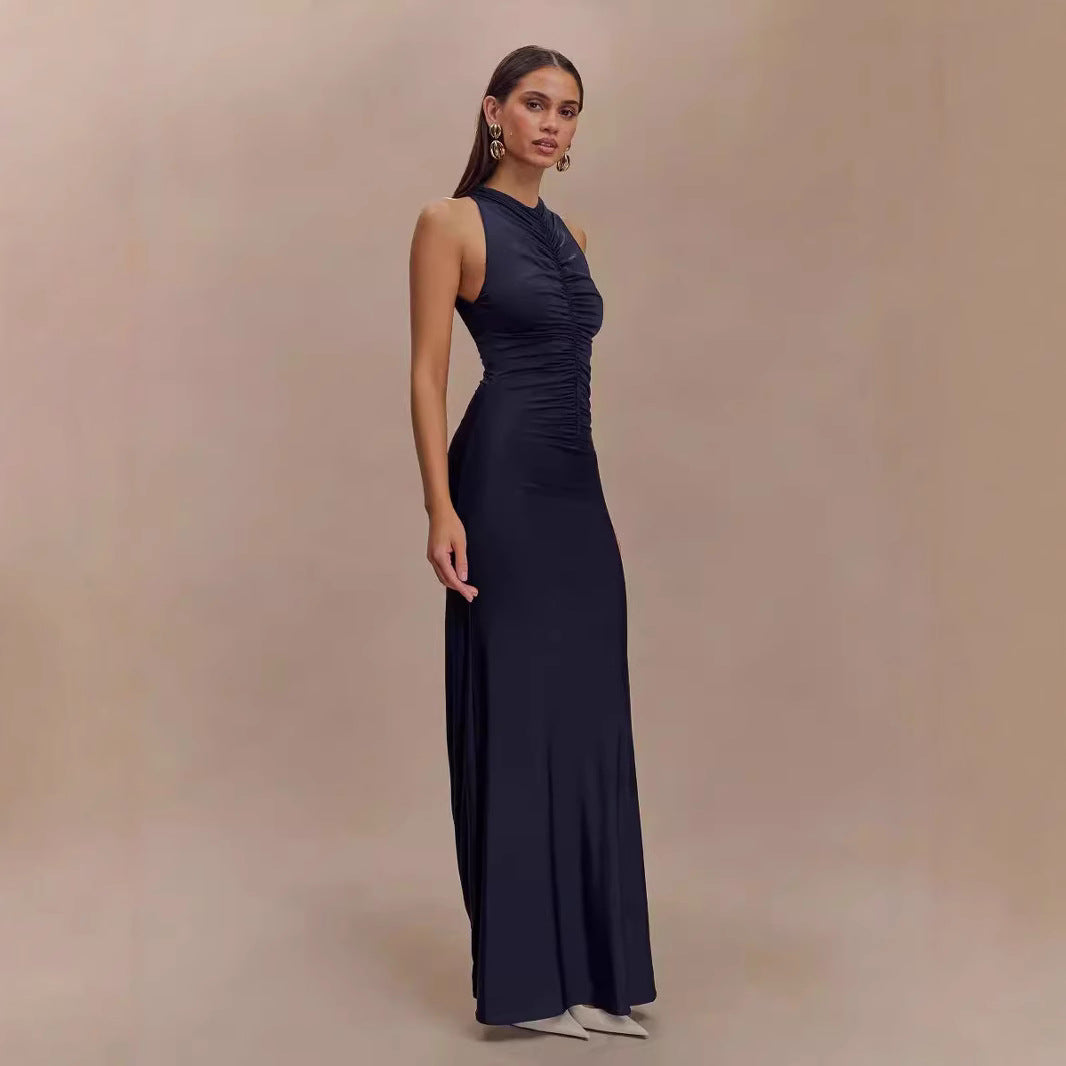 BENPAOLV 2025 Women's New style fashion autumn and winter new sleeveless pleated temperament solid color hip-wrapped long dress women
