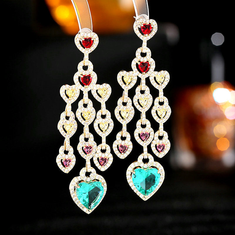 2025 Exaggerated atmosphere light luxury earrings tide color zircon design sense long concentric lock earrings love fringed earrings