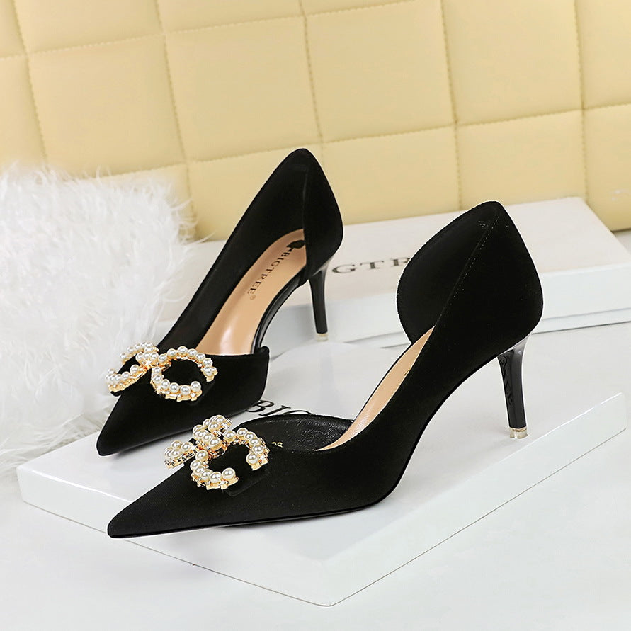 2025 1363-AK79 banquet women's shoes high heel suede shallow mouth pointed side hollow rhinestone buckle pearl bow single shoes