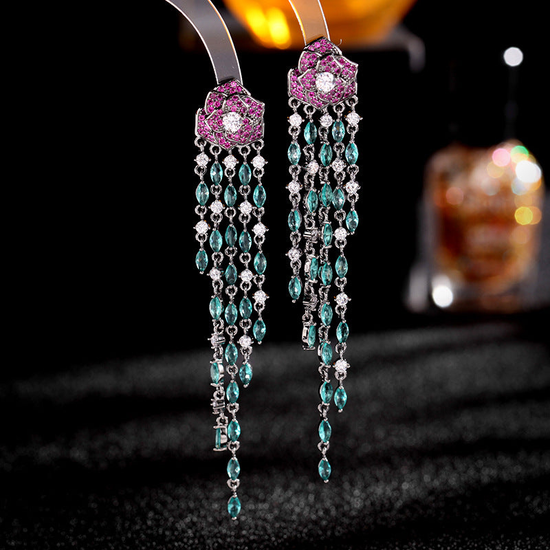 2025 2025 earrings, heavy industry color zirconium flower earrings 925 silver needle long tassel temperament dinner camellia earrings women